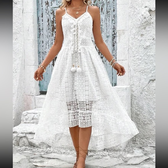 White Guipure Sheer Mesh Lace Tassel Cami Wedding Dress Boho - Picture 6 of 6